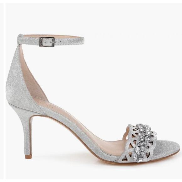 Jewel Badgley Mischka Kirsten Silver Glitter Laser Cut Heeled Sandal 9 New - Picture 2 of 13